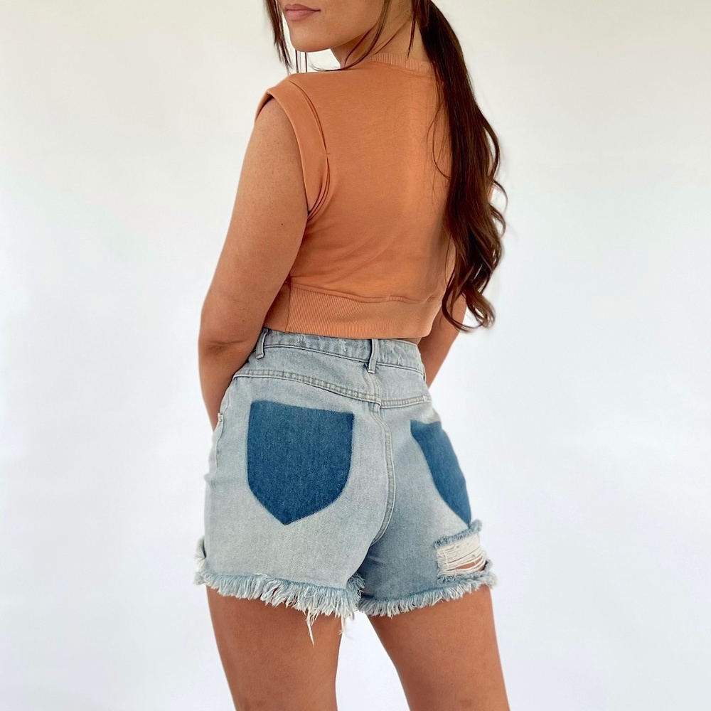 Two Toned High Waisted Distressed Denim Shorts